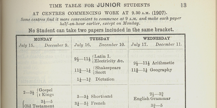 1907 July Juniors Timetable from Cambridge Assessment's Archives